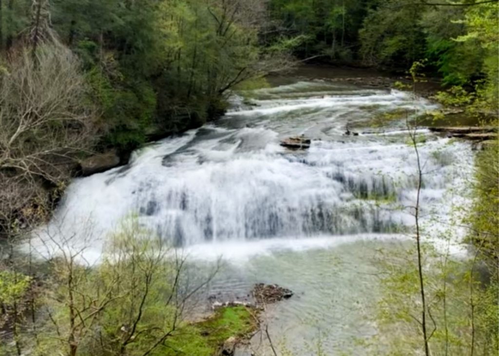 burgess falls state park, photo of smaller but wider waterfall in the park, flowing into green water and the river is surrounded by green trees.