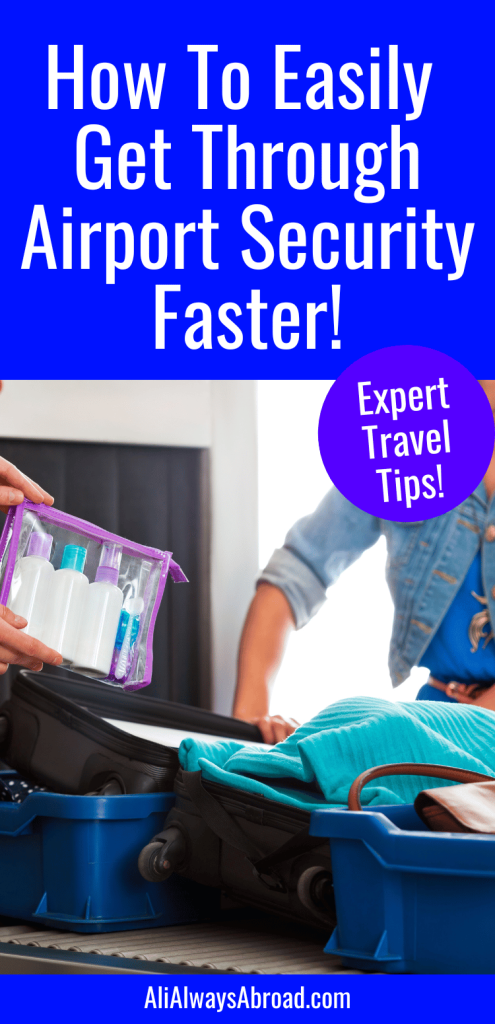 How to easily get through airport security faster! Expert travel tips! Image of woman opening suitcase before going through security scanner